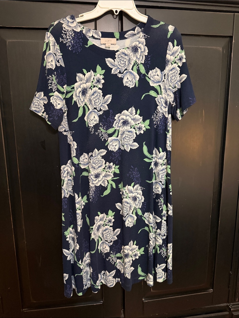 LOFT Navy Floral Midi Dress with Green and White Accents
